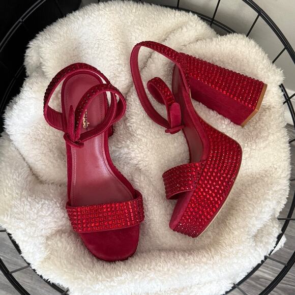 Larroude Shoes - Larroude Dolly Crystal Sandal In Lipstick Red Suede